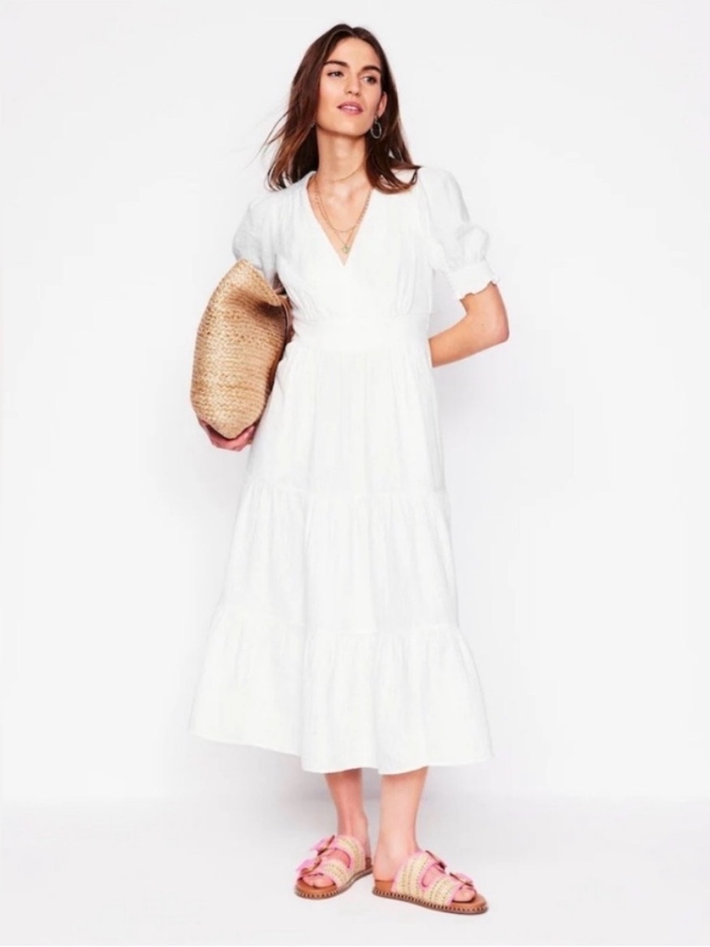 Boden Anna Double Cloth Midi 10 White Tiered Puff-Sleeve Midi Dress -  Women